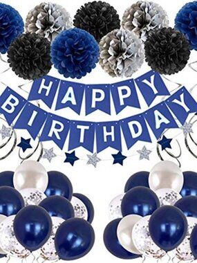 Blue Birthday Decorations Kit Balloons Banner Pompoms Swirls Party Decor Set